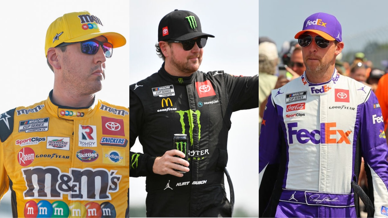 Kyle Busch (L), Kurt Busch (C), and Denny Hamlin (R)