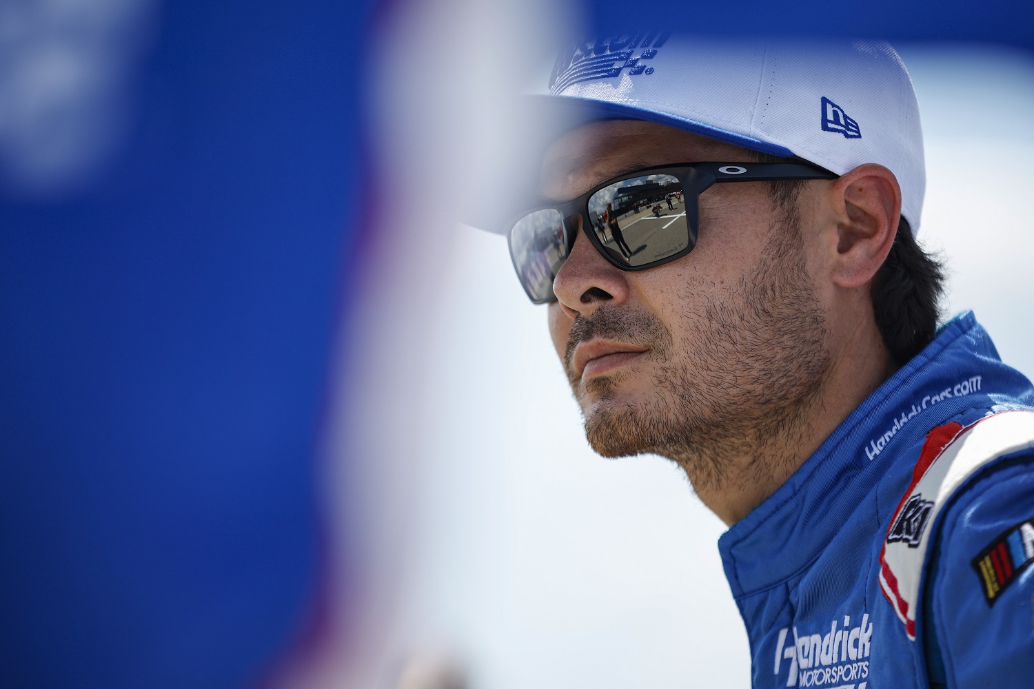 Kyle Larson looks on during practice for the NASCAR Cup Series FireKeepers Casino 400 at Michigan International Speedway on Aug. 6, 2022.