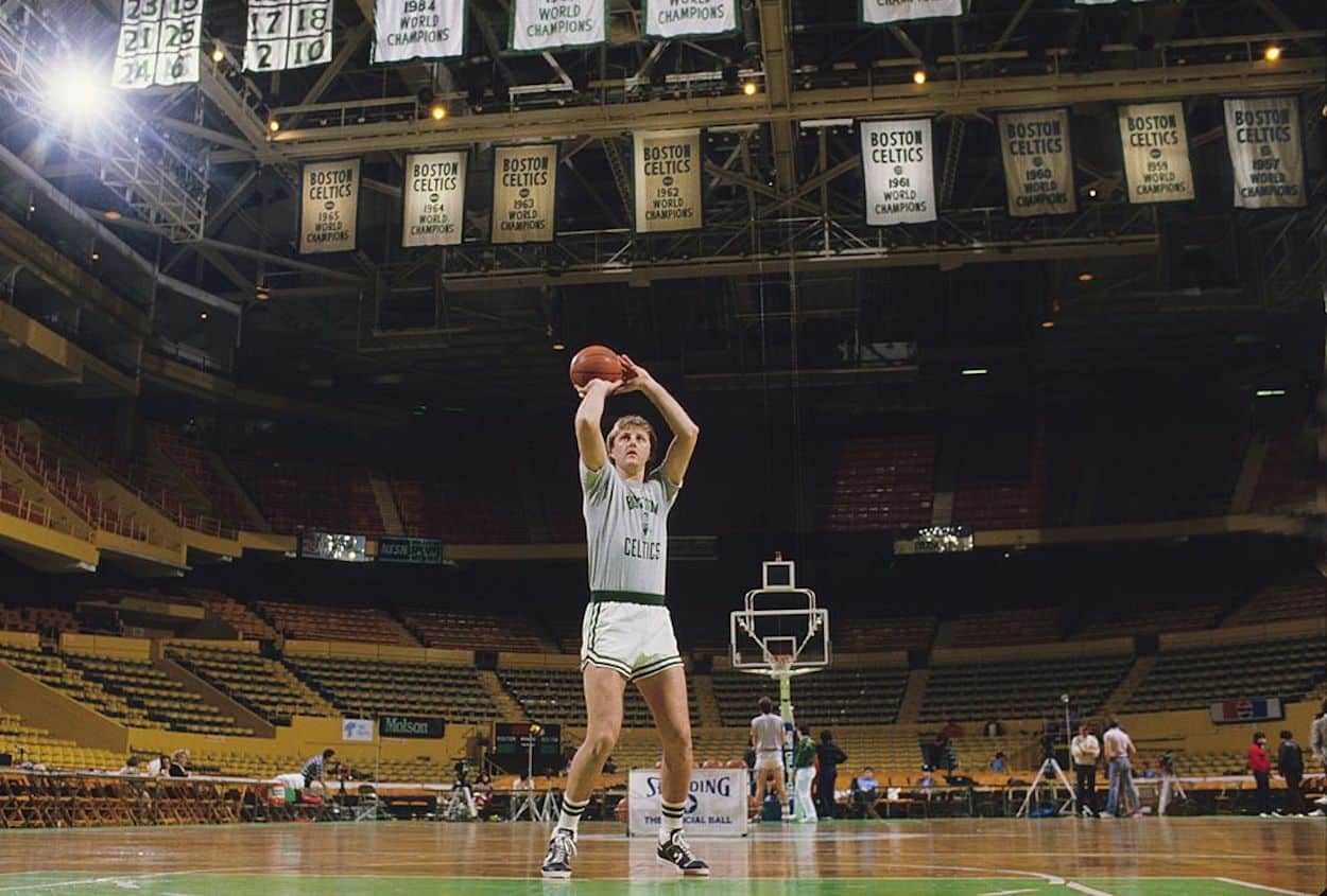 Larry Bird shoots a foul shot ahead of a Boston Celtics game.