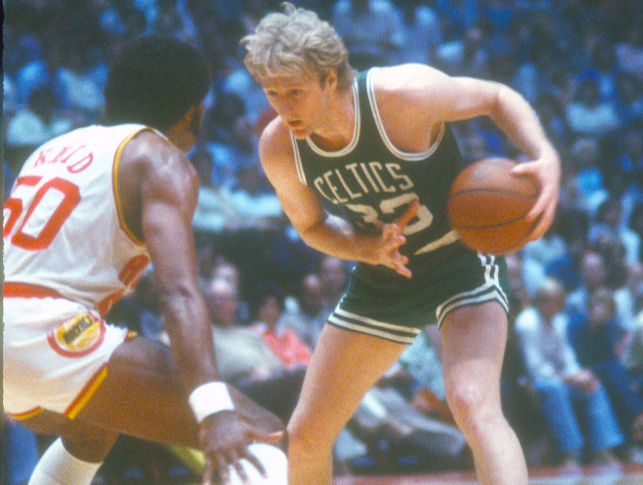 Larry Bird of the Boston Celtics looks to make a move.