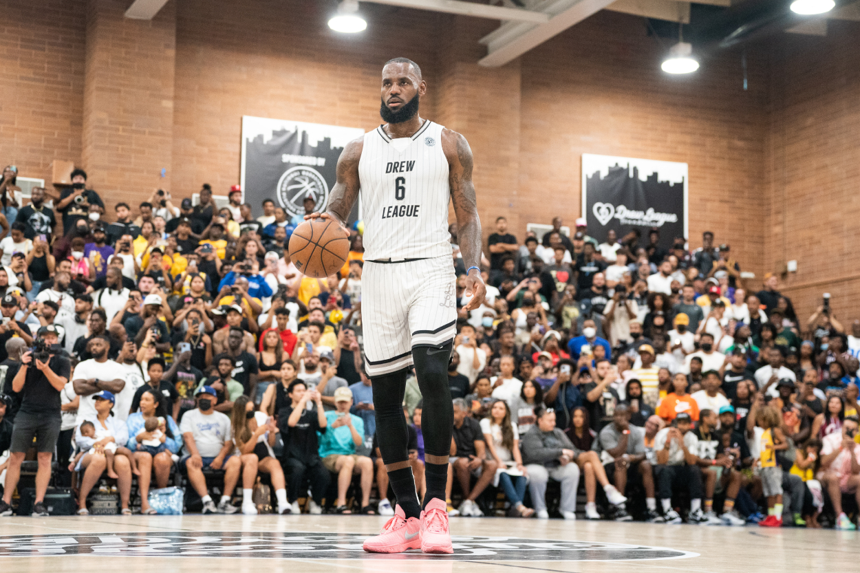 LeBron James handles the ball at the Drew League Pro-Am.