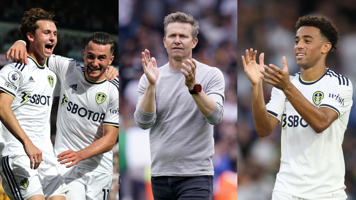 (LR) 미국 연결이 있는 Leeds United 회원: Brenden Aaronson, Jack Harrison, Jesse Marsch 및 Tyler Adams.