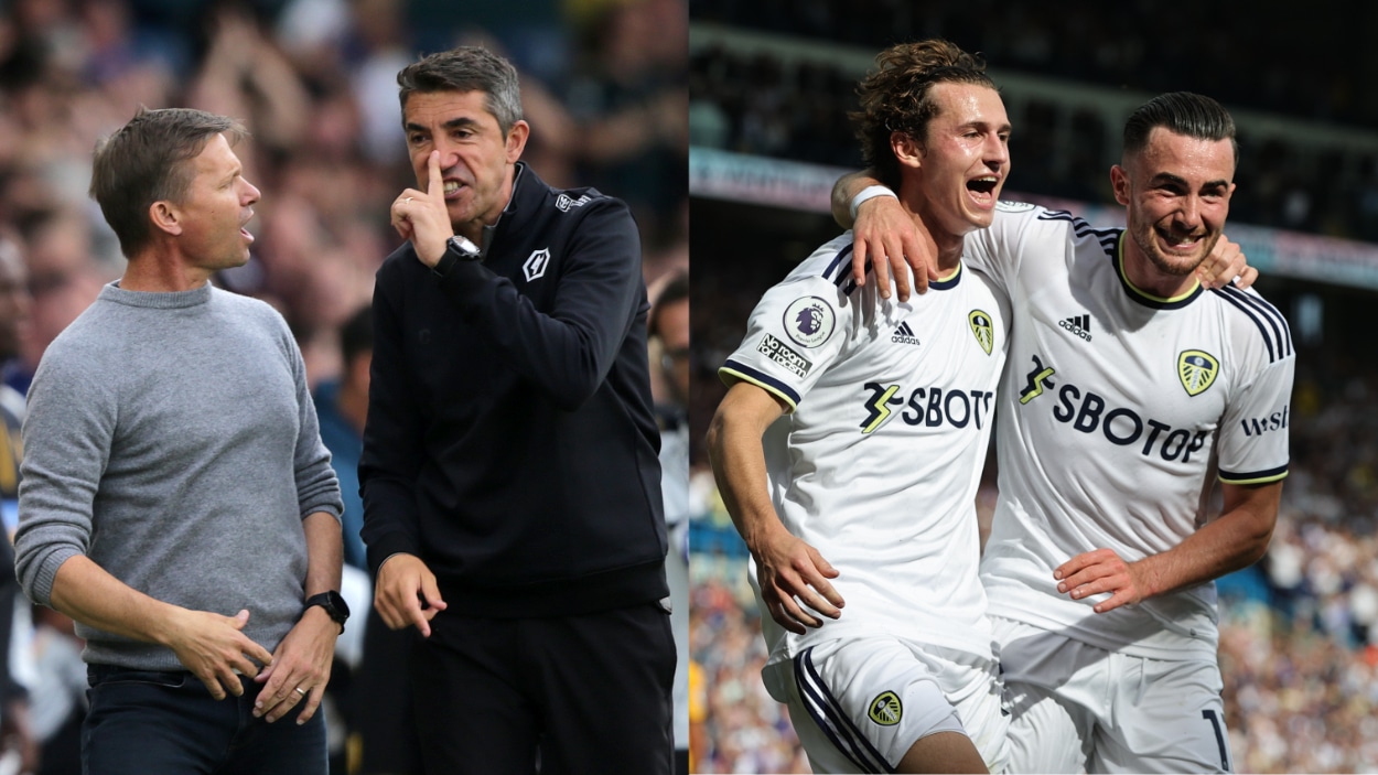 (L-R) Managers Jesse Marsch and Bruno Lage argue after match; Brenden Aaronson and Jack Harrison celebrate Leeds United goal.