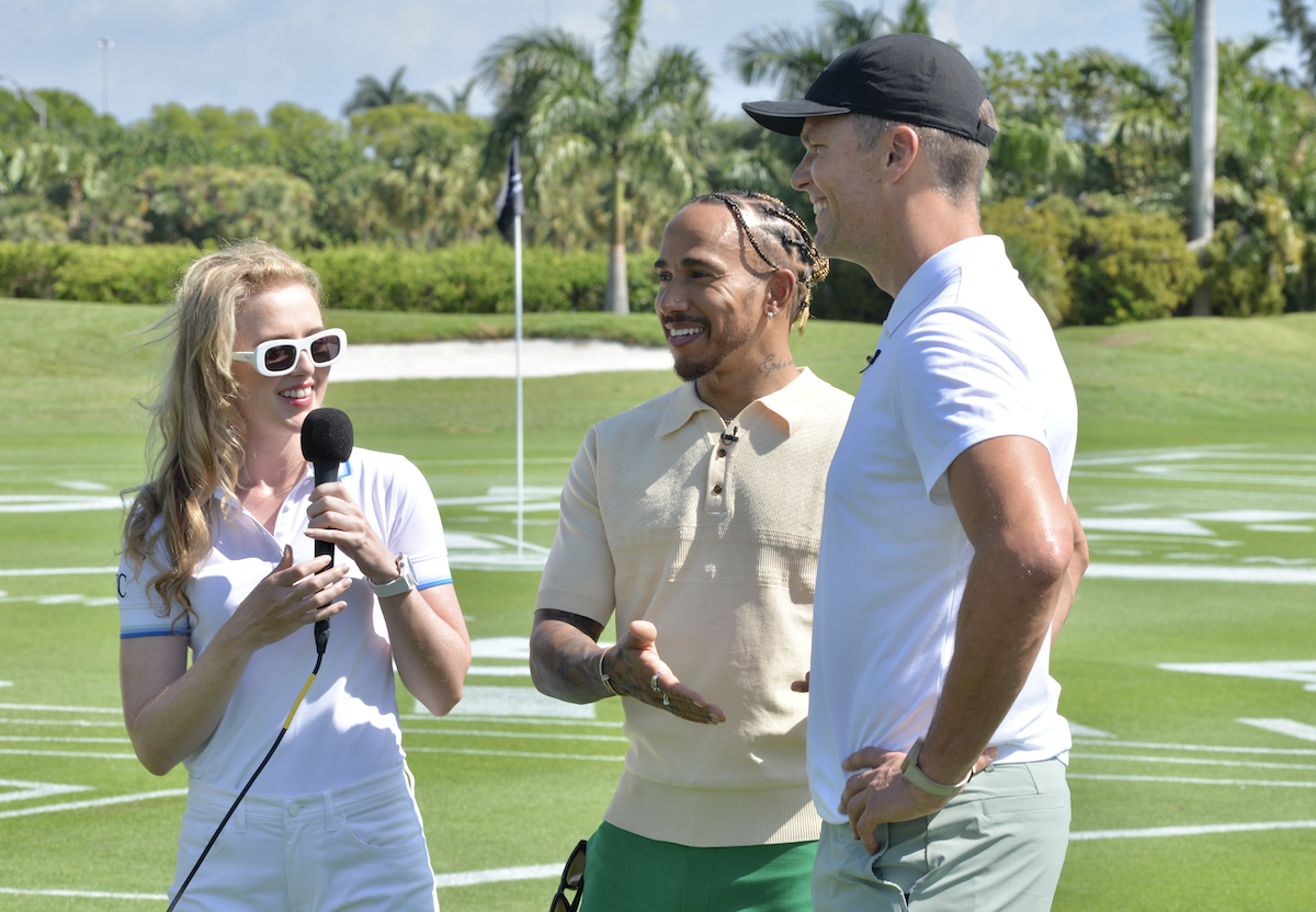 Athletes Lewis Hamilton and Tom Brady are interviewed at a charity golf event