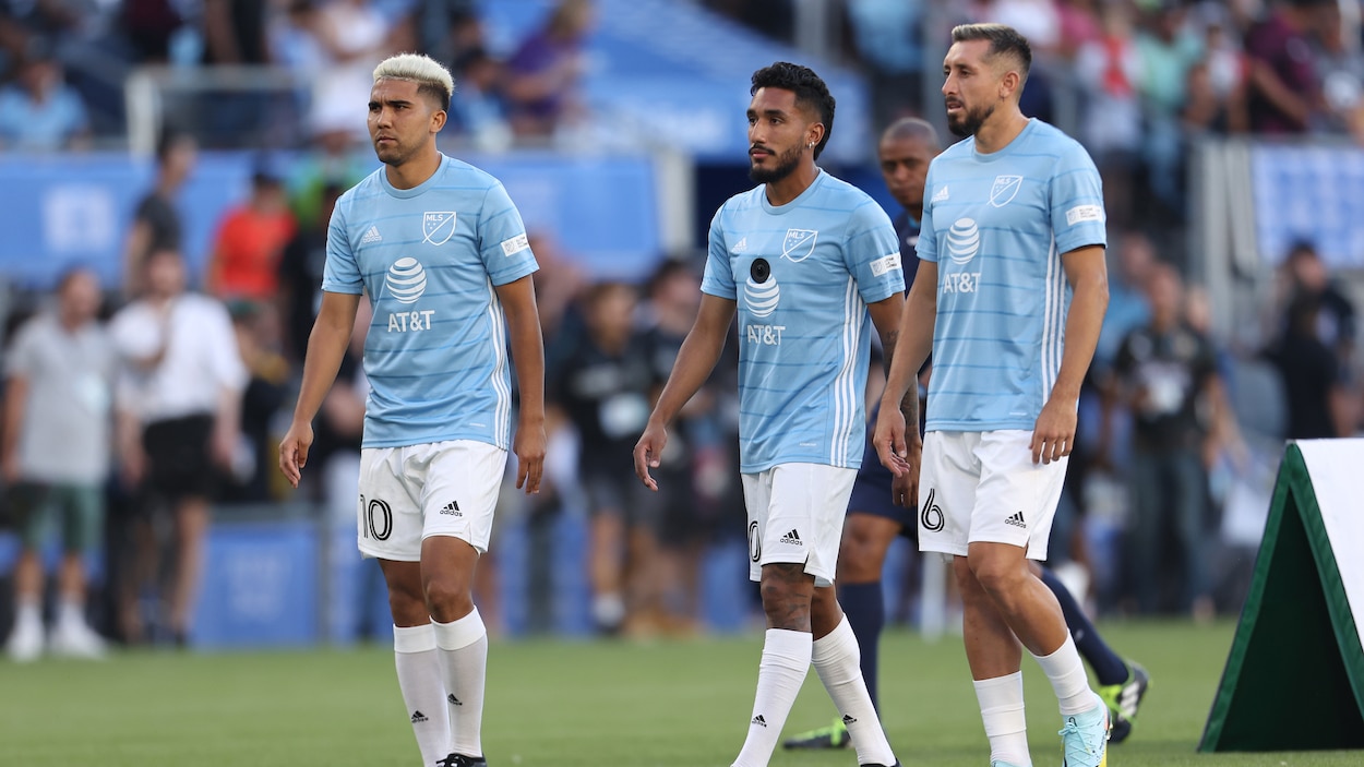 (L-R) Manuel Reynoso, Jesus Ferreira, and Hector Herrera of the MLS All-Stars team attend the MLS All-Star Game at Allianz Field on August 9, 2022 in St Paul, Minnesota.