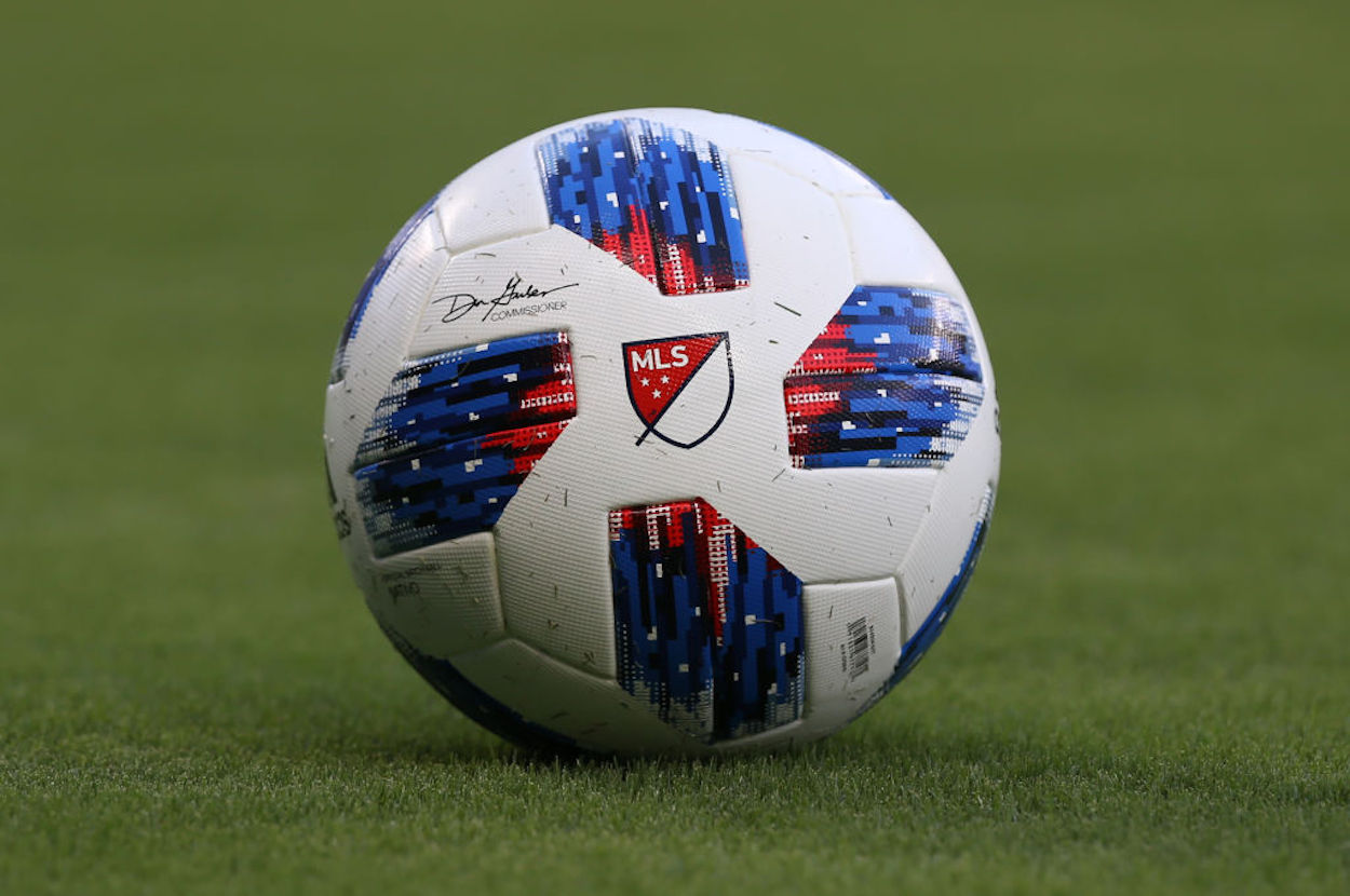 A MLS logo on a soccer ball.