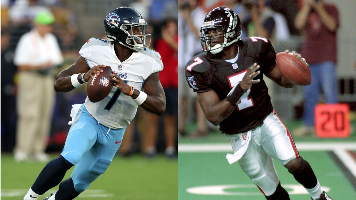 (L-R) Tennessee Titans QB Malik WIllis in 2022; Atlanta Falcons QB Michael Vick in 2001.