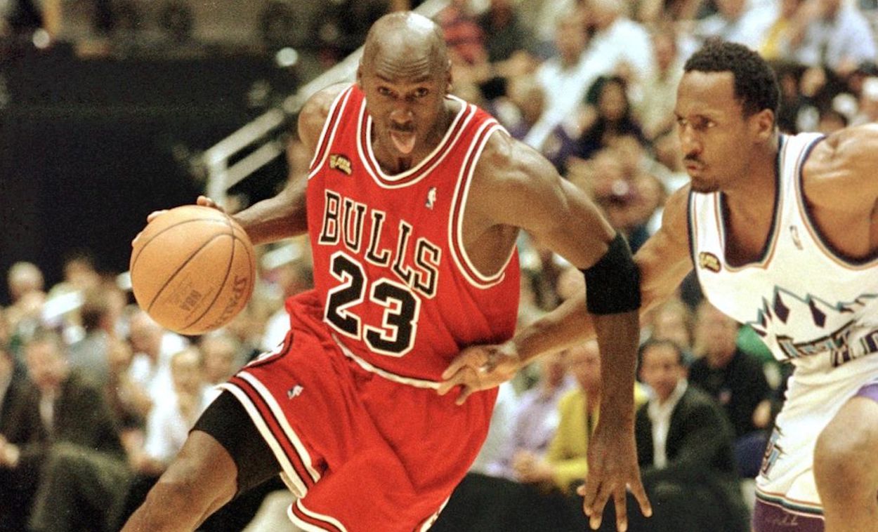 Michael Jordan drives to the basket during the 1998 NBA Finals.