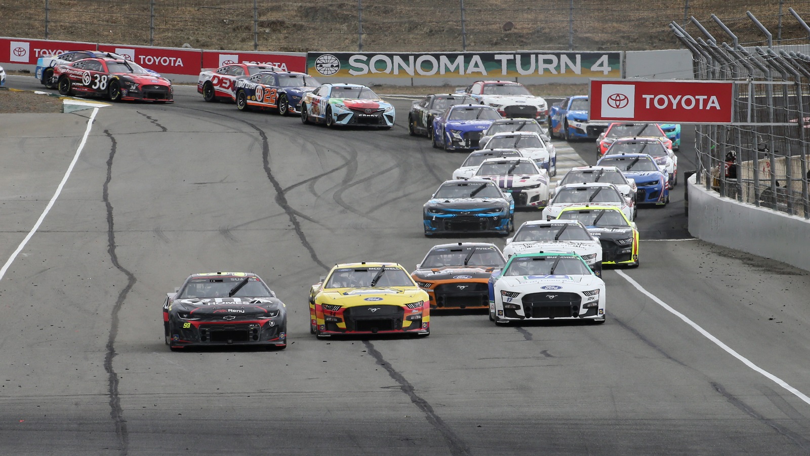 Daniel Suarez leads the field during the NASCAR Cup Series Toyota/Save Mart 350 on June 12, 2022 at Sonoma Raceway.