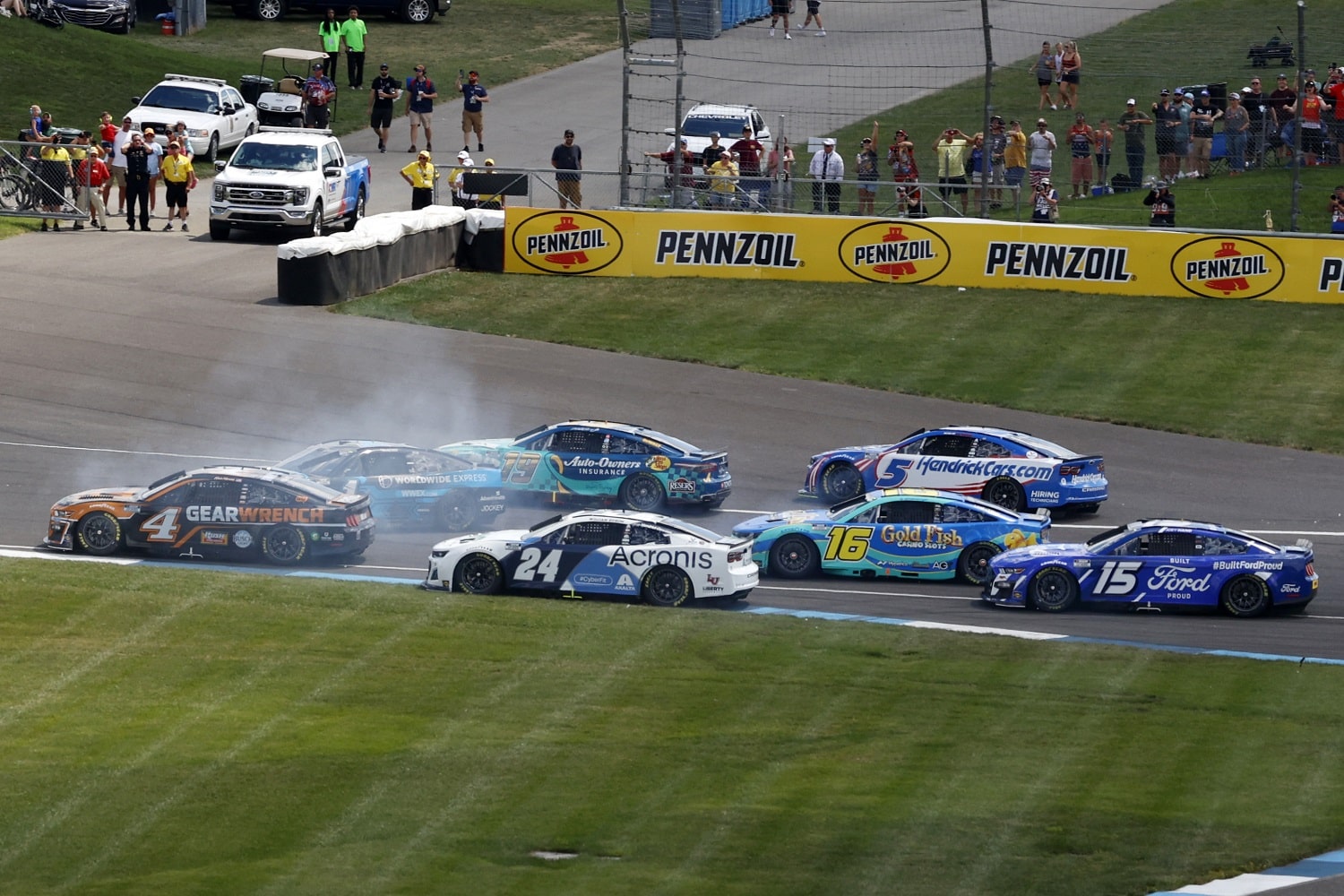 NASCAR Cup series driver Ross Chastain gets spun going into Turn 2 during the Verizon 200 at the Brickyard on July 31, 2022, at the Indianapolis Motor Speedway. | Brian Spurlock/Icon Sportswire via Getty Images