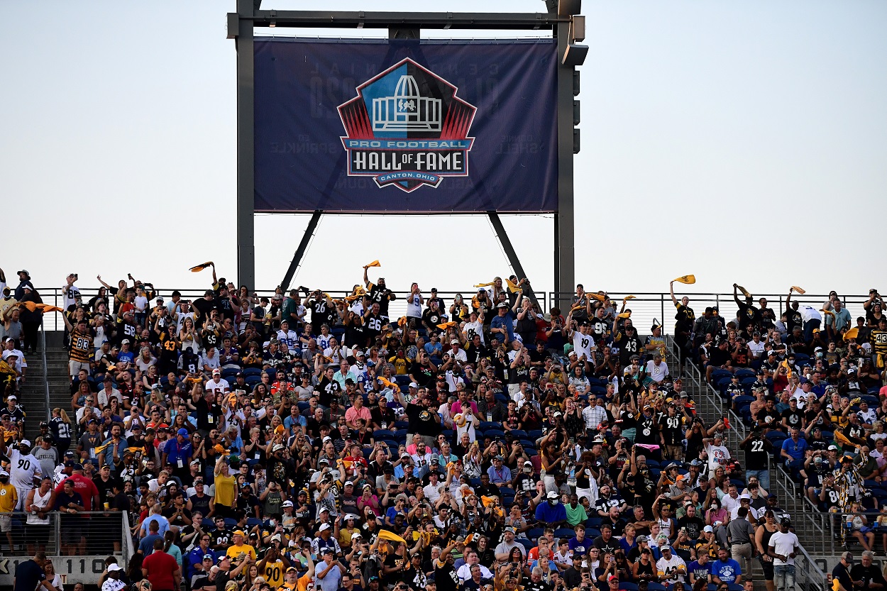 A view of the Pro Football Hall of Fame logo during the 2021 Hall of Fame Game between the Cowboys and Steelers