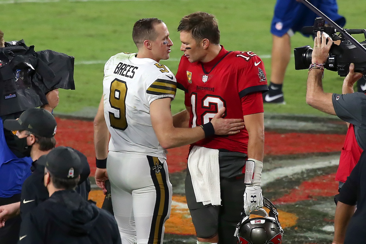 Two of the greatest quarterbacks in NFL history Drew Brees of the Saints and Tom Brady of the Buccaneers share a few words of encouragement after a game in 2020