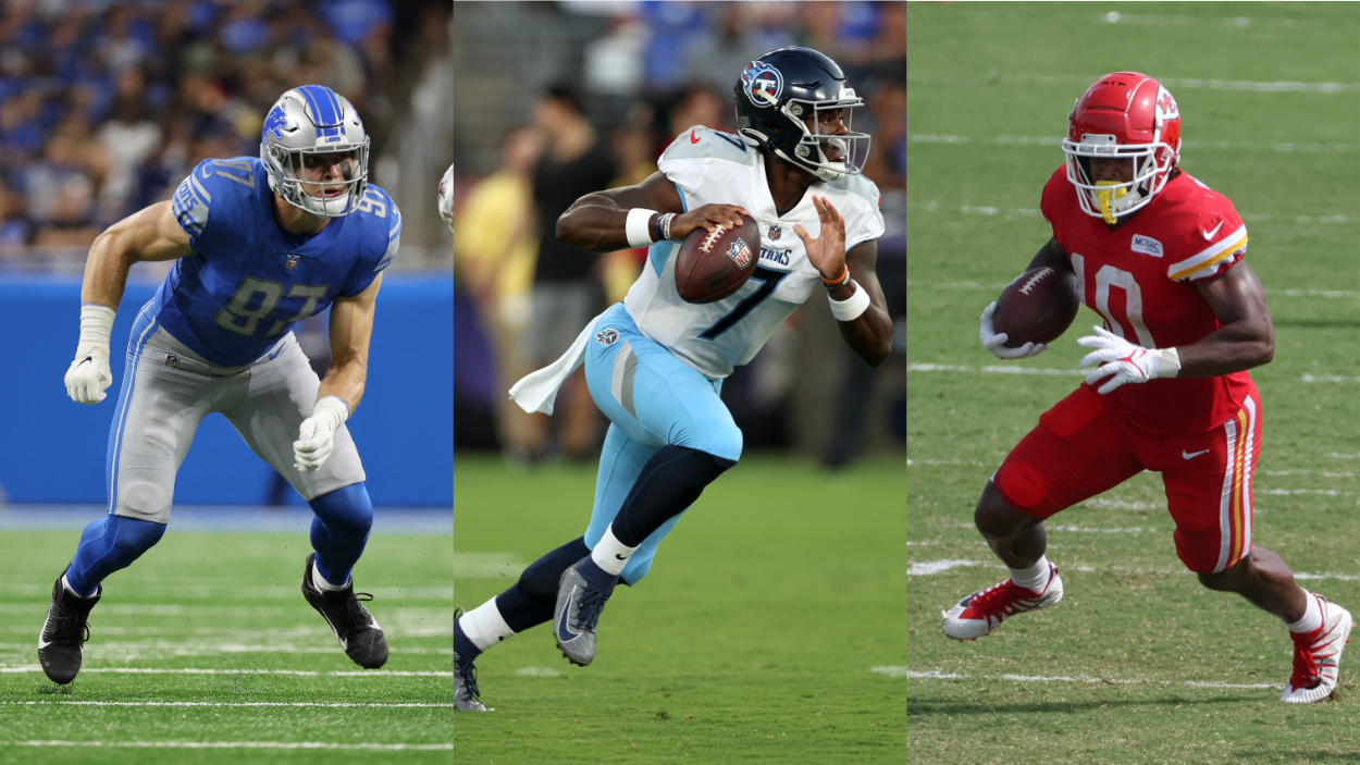 The NFL rookie rankings heading into Week 2 of the preseason includes (L-R) the Detroit Lions' Aidan Hutchinson, the Tennessee Titans' Malik Willis, and the Kansas City Chiefs' Isiah Pacheco.