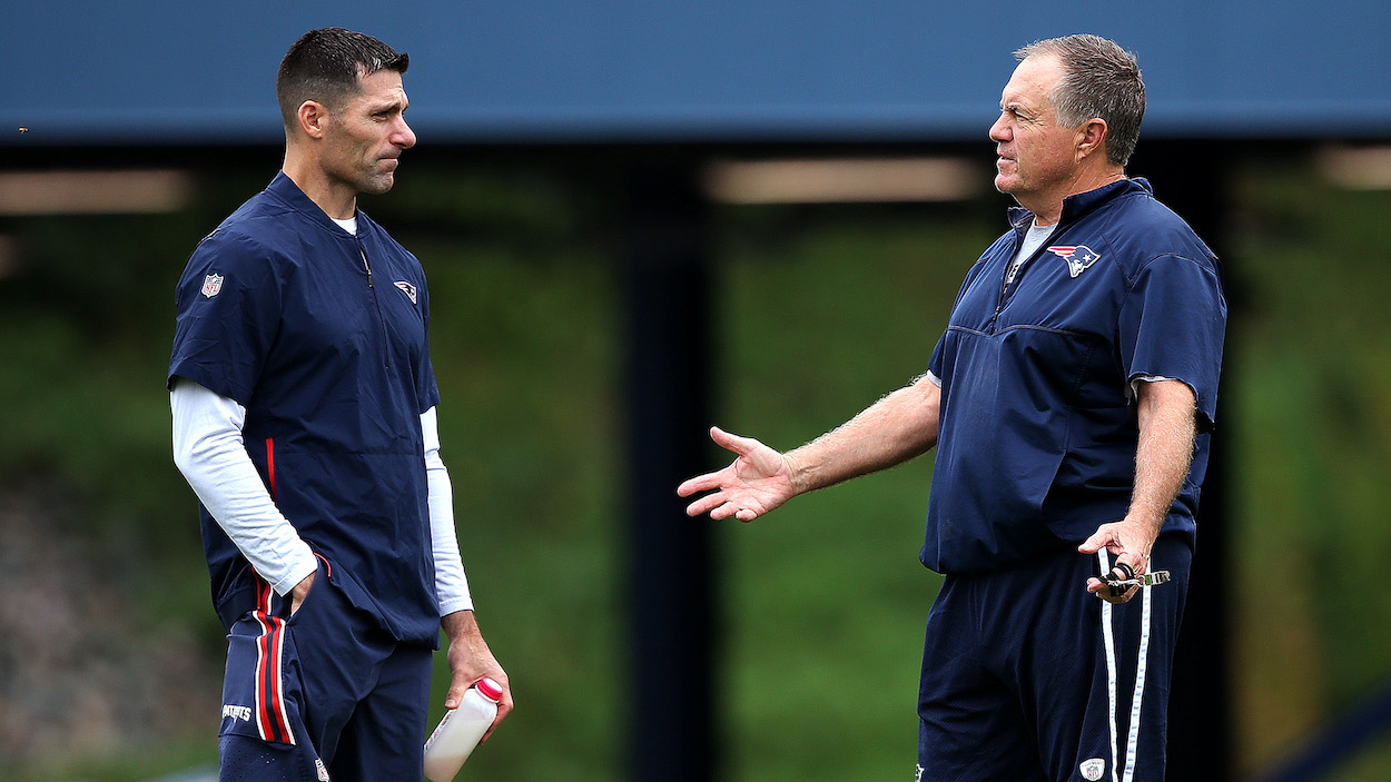 Former New England Patriots Director of Player Personnel Nick Caserio (and current Houston Texans GM), left, stands with head coach Bill Belichick during New England Patriots practice at the Gillette Stadium in 2018.
