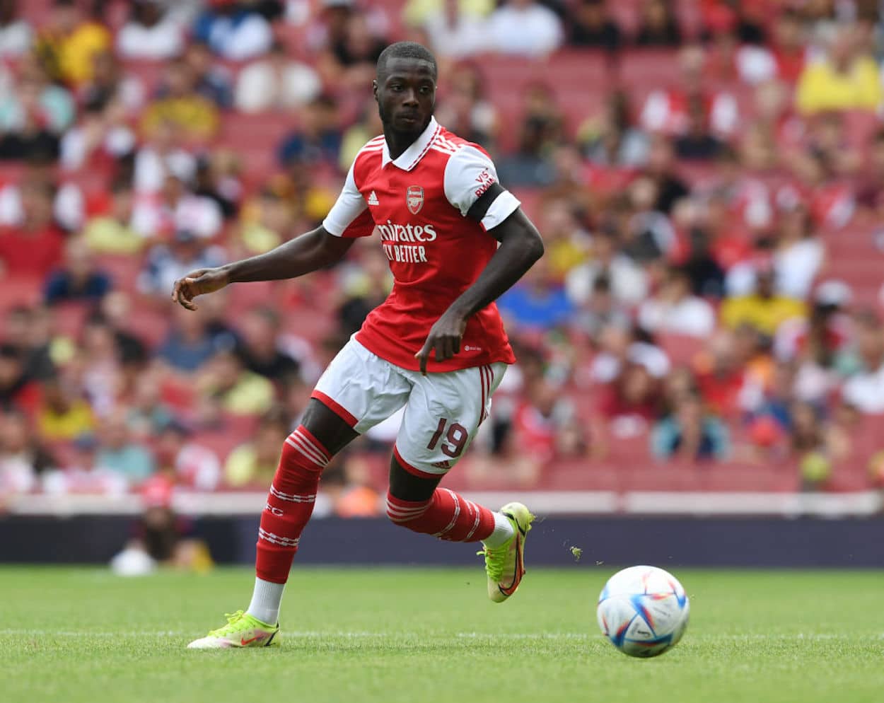 Nicolas Pepe on the ball during a preseason Arsenal match.