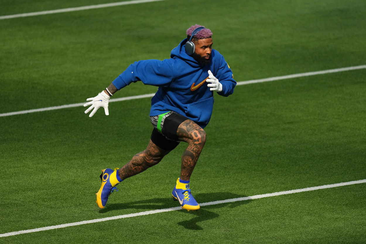Odell Beckham Jr. warms up prior to the Super Bowl. OBJ recently caused speculation he could be heading to the Buffalo Bills.