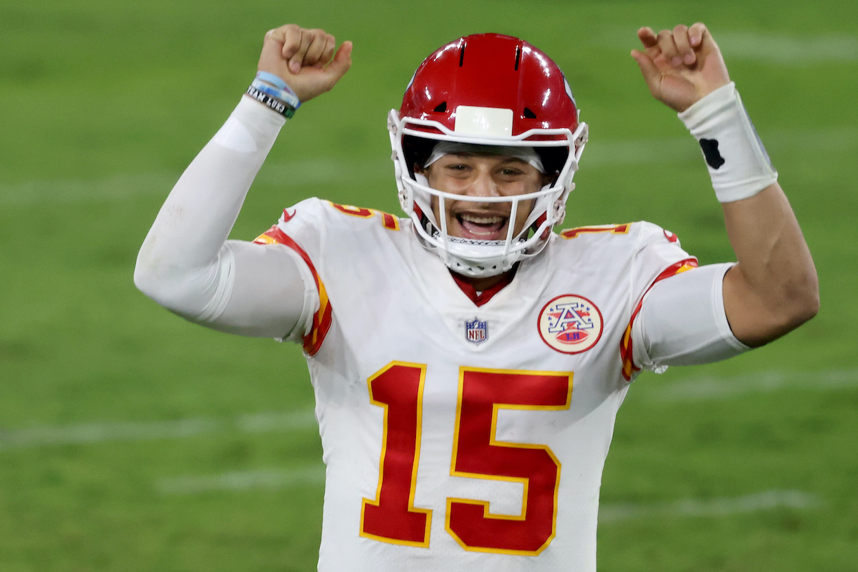 Patrick Mahomes celebrates after throwing a touchdown pass.