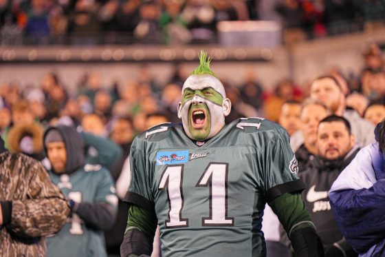 Philadelphia Eagles super fan celebrates during a game in 2022.