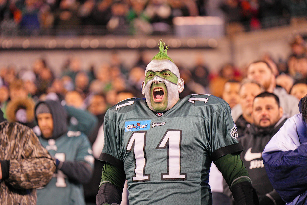 Philadelphia Eagles super fan celebrates during a game in 2022.