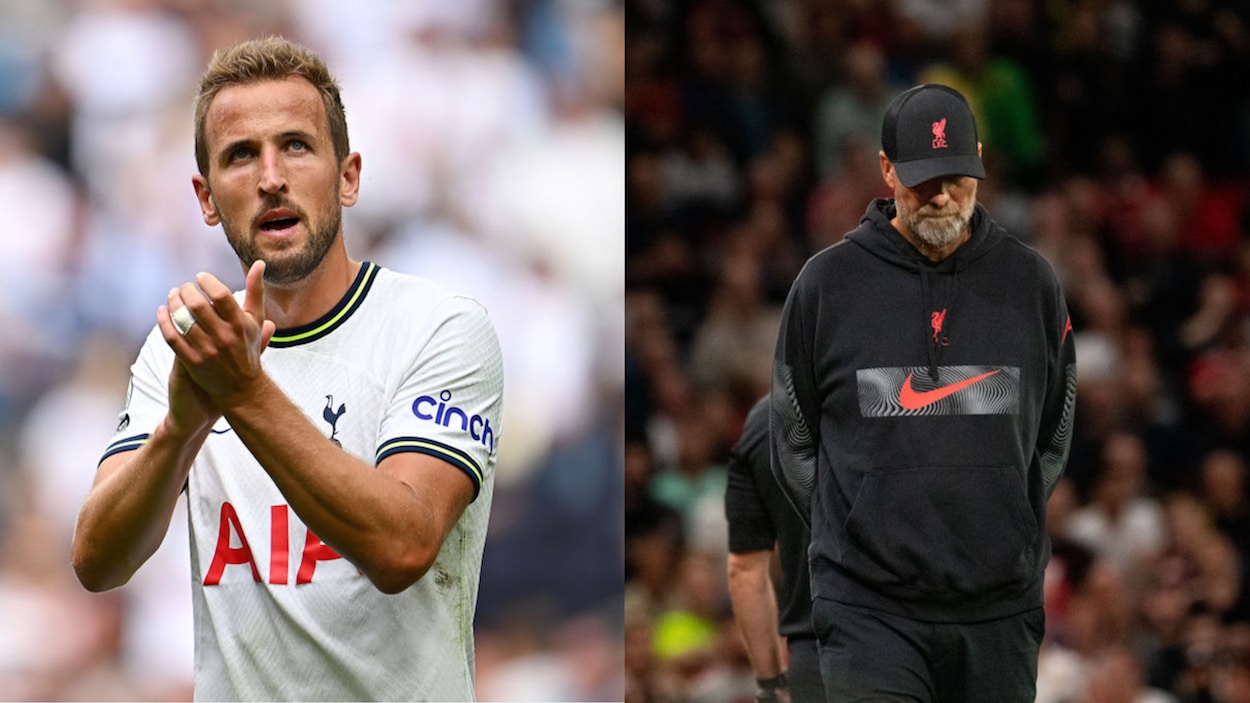 Tottenham Hotspur striker Harry Kane (L) and Liverpool manager Jurgen Klopp (R).