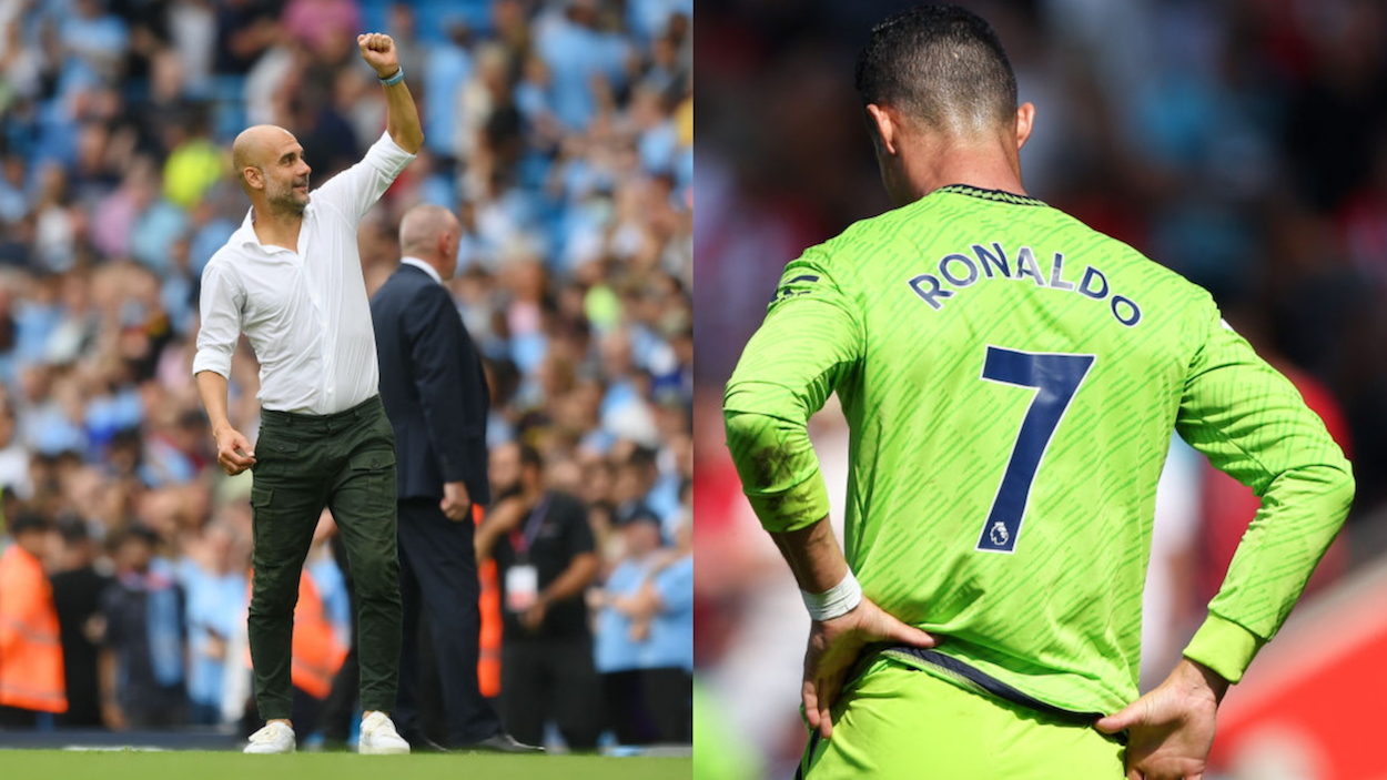 Manchester City manager Pep Guardiola (L) and Manchester United striker Cristiano Ronaldo (R).