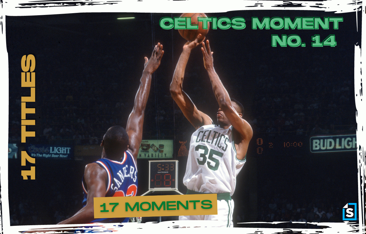 Former Boston Celtics star Reggie Lewis takes a jump shot.