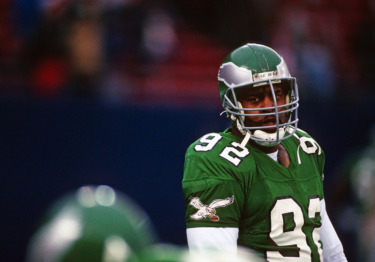 La leyenda de la NFL Reggie White durante un enfrentamiento Eagles-Giants en 1989