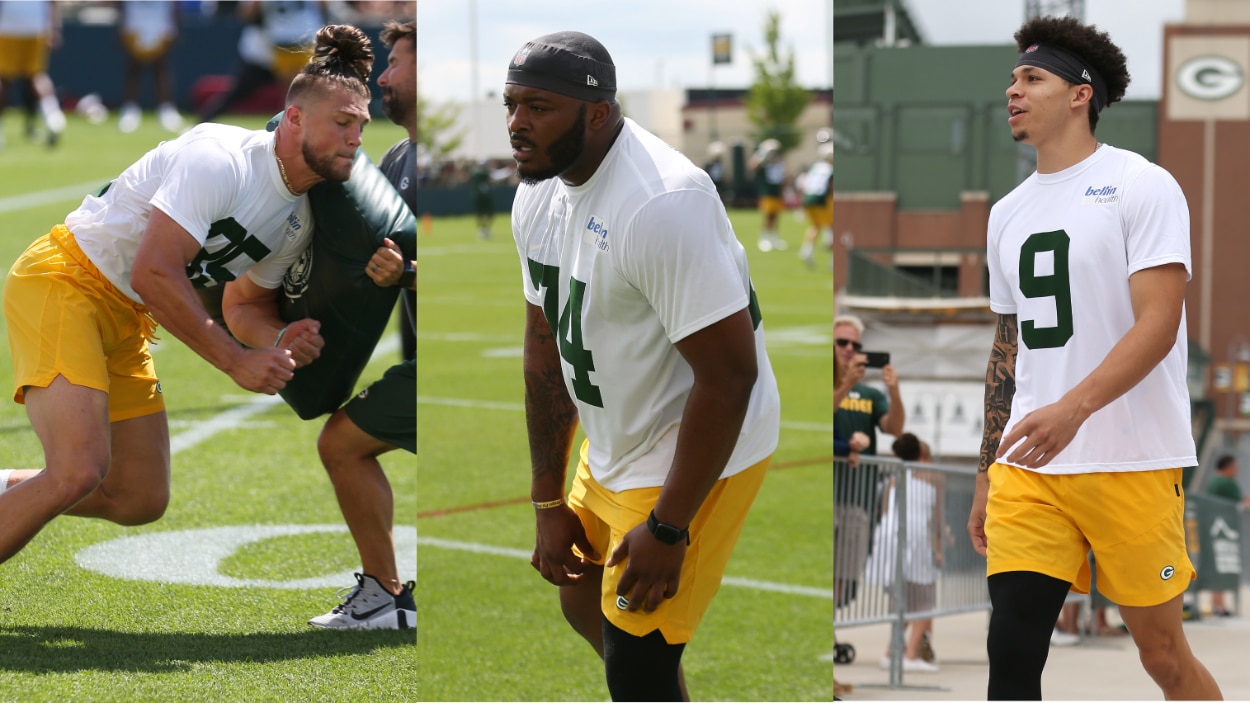 Green Bay Packers players Robert Tonyan, Elgton Jenkins, and Christian Watson.