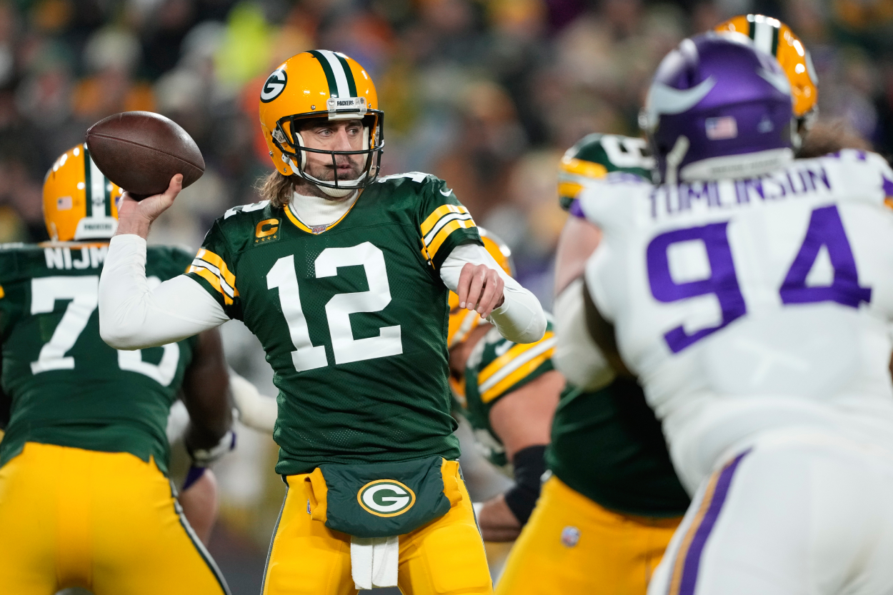 Quarterback Aaron Rodgers of the Green Bay Packers throws a pass.