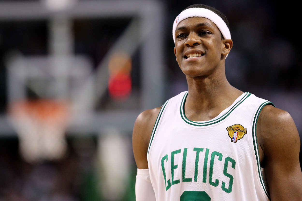 Rajon Rondo of the Boston Celtics reacts in the fourth quarter against the Los Angeles Lakers.