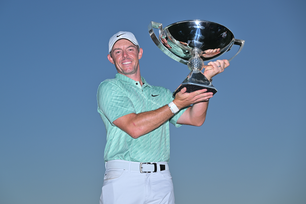 Rory McIlroy lifts the FedEx Cup trophy.