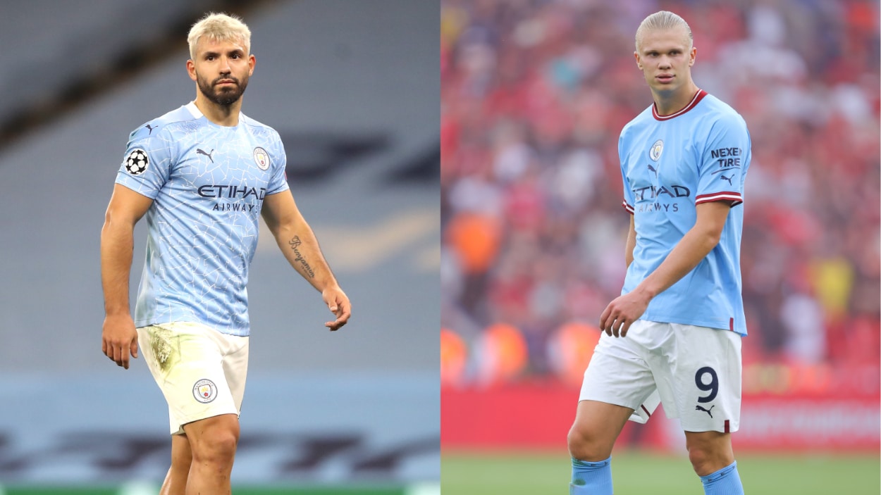 (L-R) Former Manchester City striker Sergio Aguero; Current Man City striker Erling Haaland