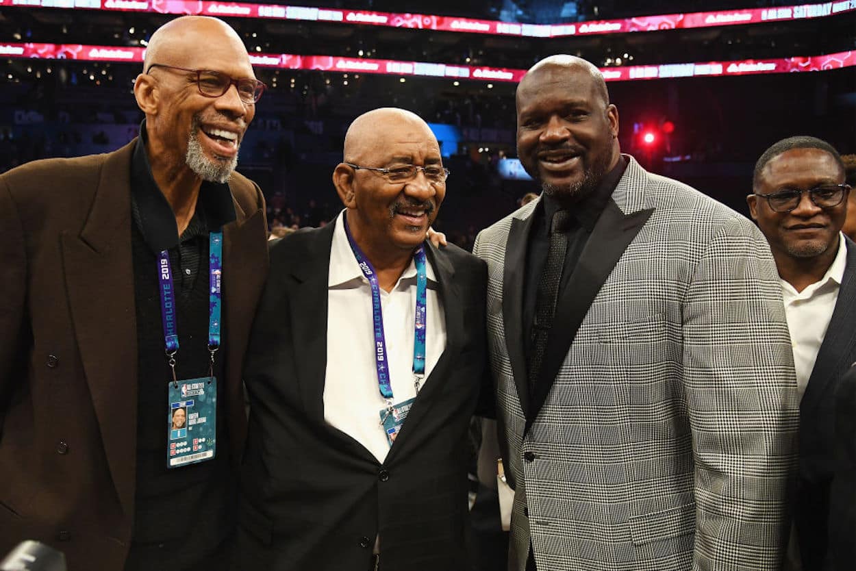 Kareem Abdul-Jabbar (L), George Gervin (C), and Shaquille O'Neal pose together in 2019.