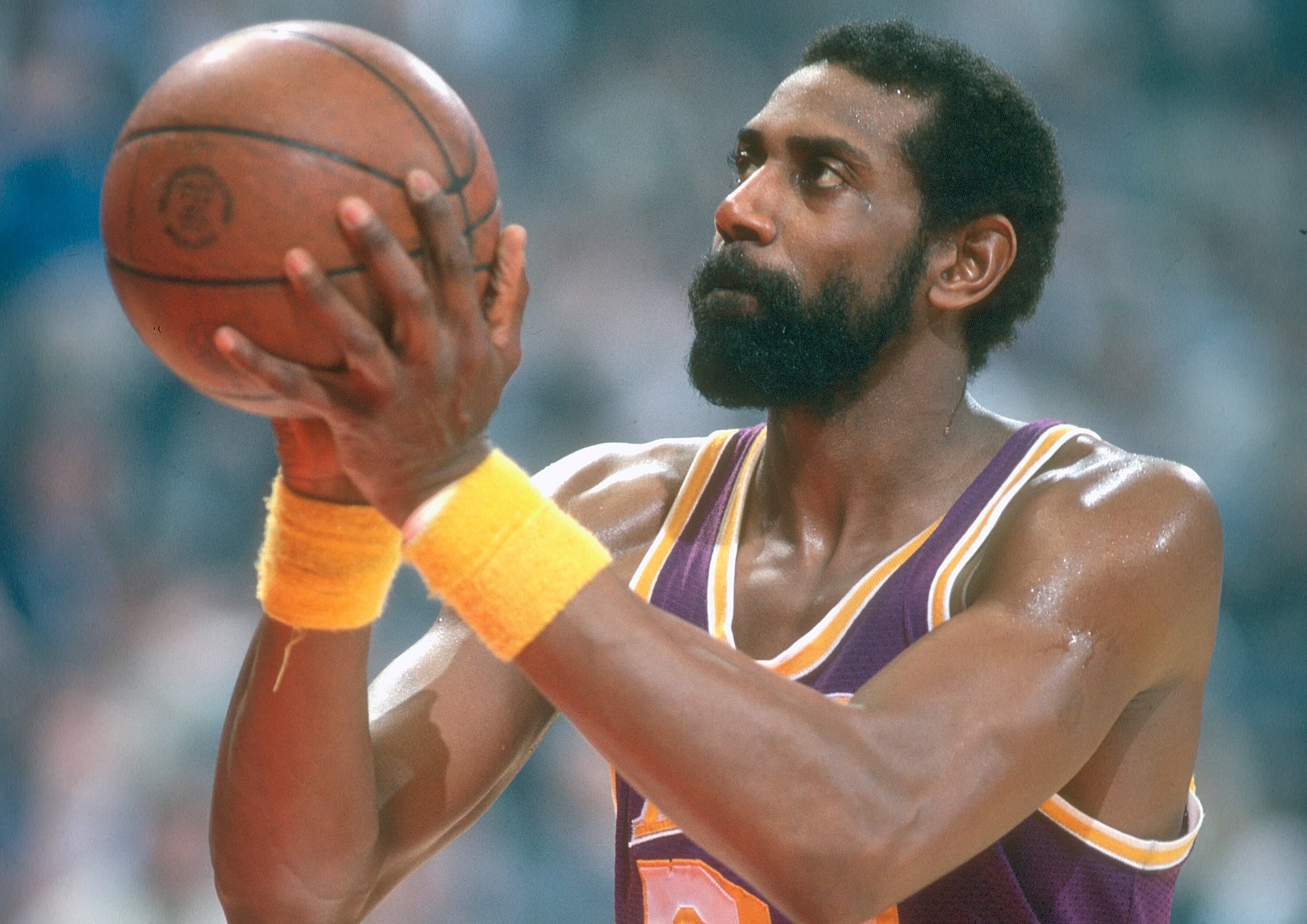 Spencer Haywood of the Los Angeles Lakers shoots a free throw.