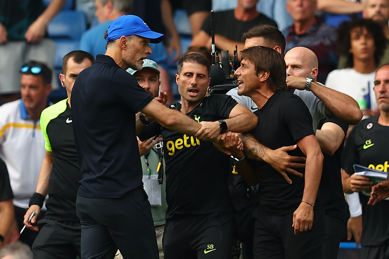Chelsea manager Thomas Tuchel clashes with Tottenham Hotspur manager Antonio Conte at full-time following the Premier League match between Chelsea FC and Tottenham Hotspur at Stamford Bridge on August 14, 2022 in London, England.