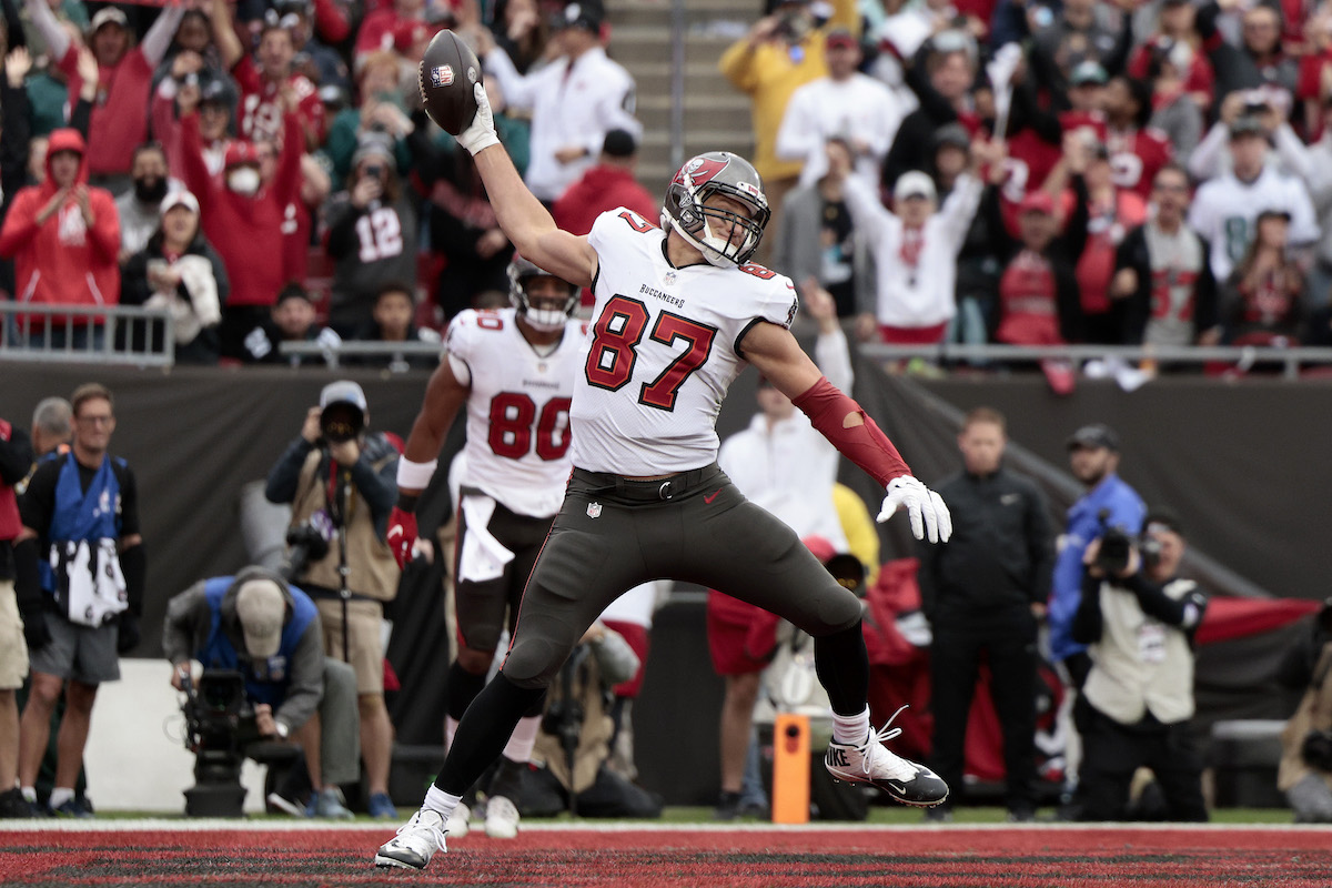 Rob Gronkowski of the Tampa Bay Buccaneers celebrates after scoring a touchdown