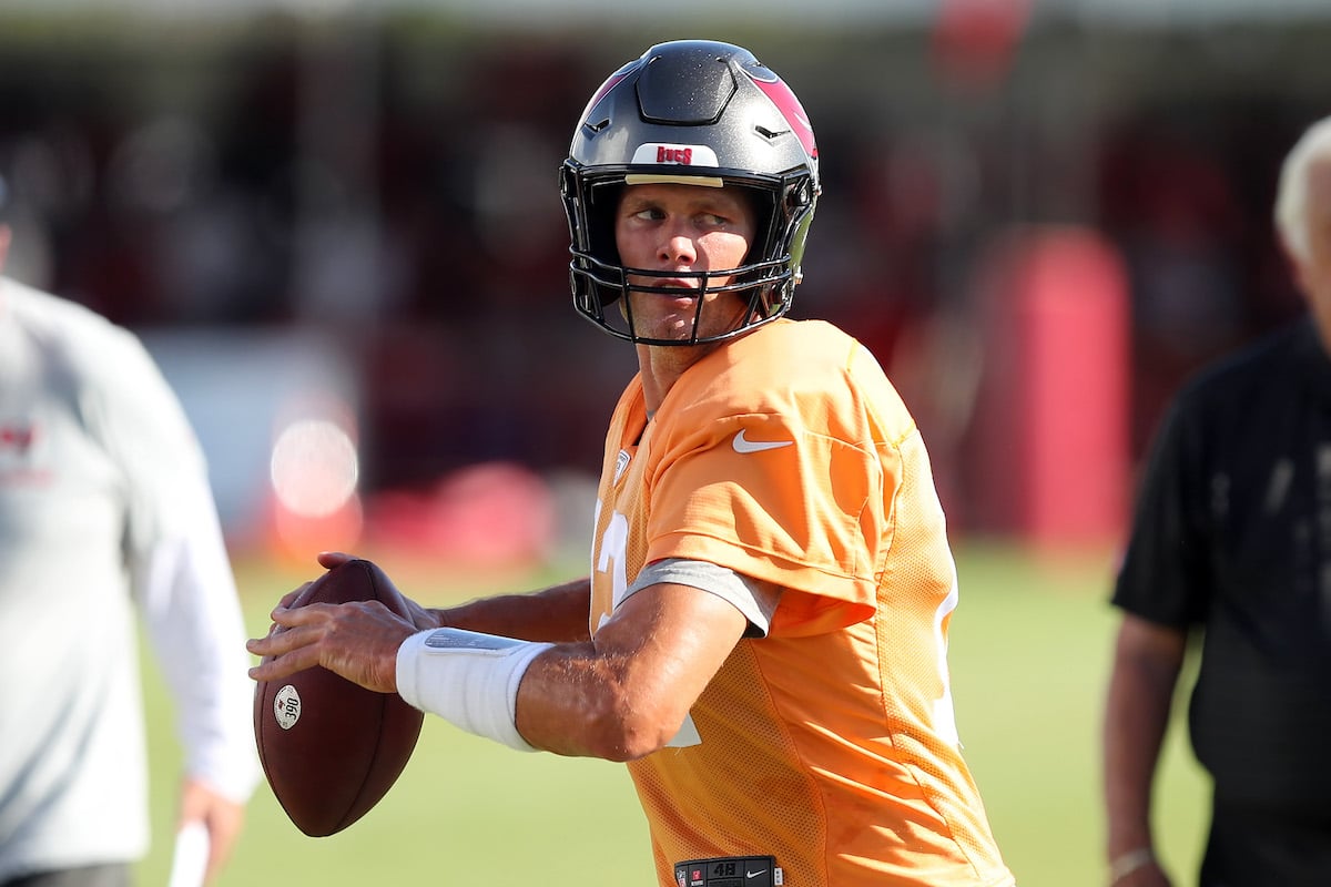 Tampa Bay Buccaneers quarterback Tom Brady throws a pass during training camp