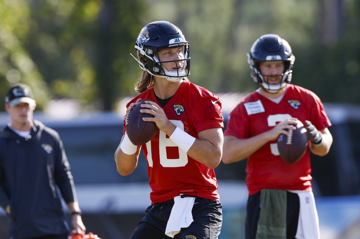 Trevor Lawrence attempts a pass during training camp.