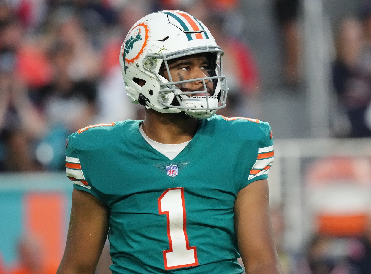 Tua Tagovailoa during a Dolphins-Patriots matchup in January 2022