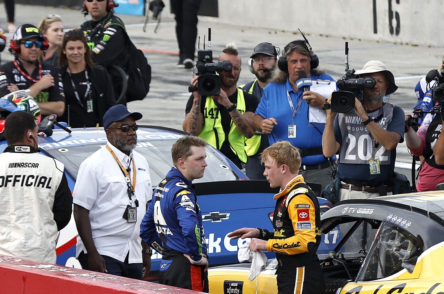 William Byron and Ty Gibbs talk after the NASCAR Xfinity Series Sunoco Go Rewards 200 at The Glen at Watkins Glen International on Aug. 20, 2022.