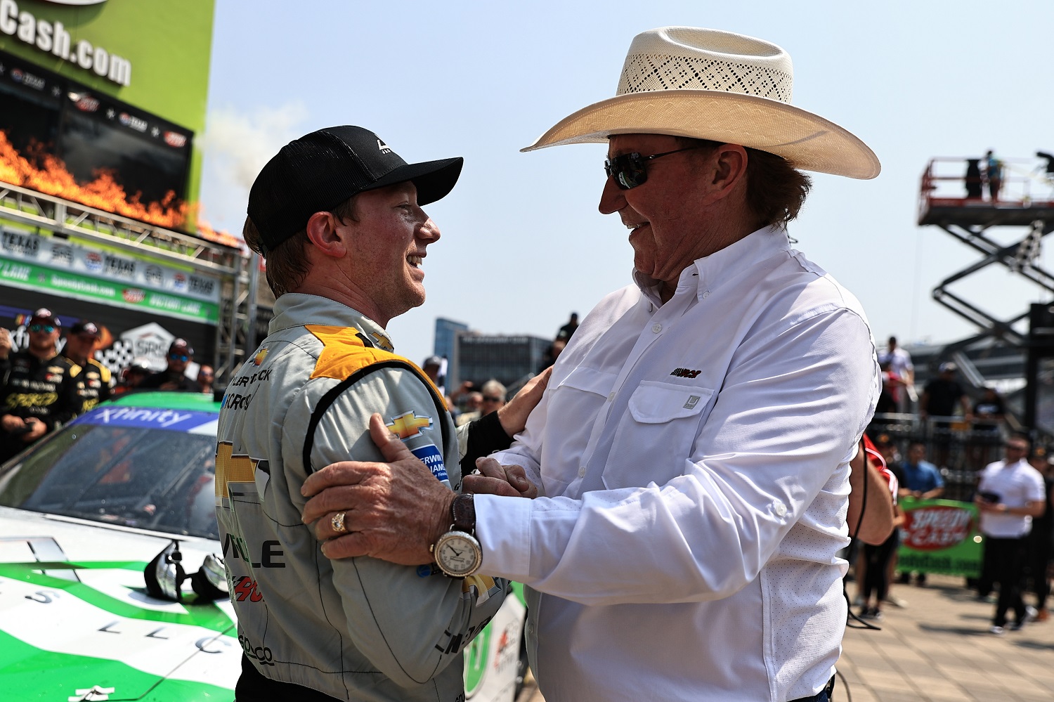Tyler Reddick is congratulated by RCR team owner Richard Childress after winning the NASCAR Xfinity Series SRS Distribution 250 at Texas Motor Speedway on May 21, 2022 in Fort Worth, Texas.
