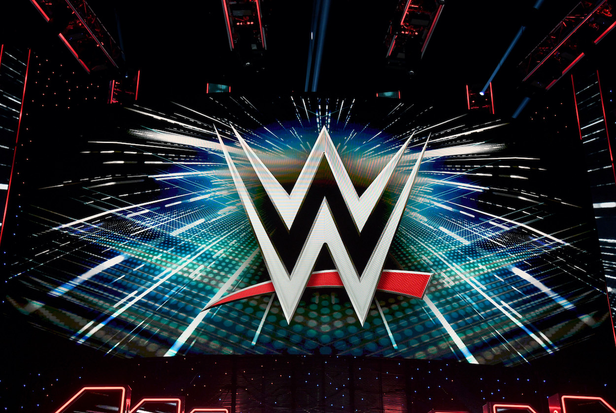 A WWE logo at a news conference in 2019 ahead of the 'Elimination Chamber' premium live event.