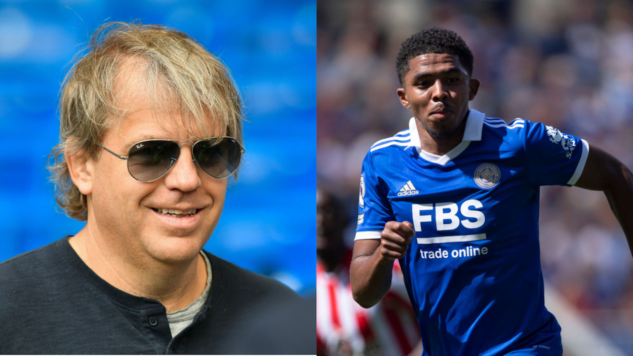 Chelsea owner Todd Boehly (L) and Leicester defender Wesley Fofana (R).