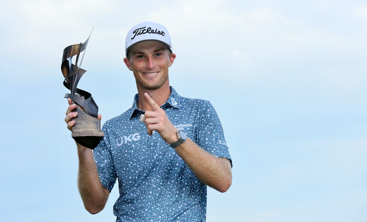 Will Zalatoris celebrates after winning the FedEx St. Jude Championship.