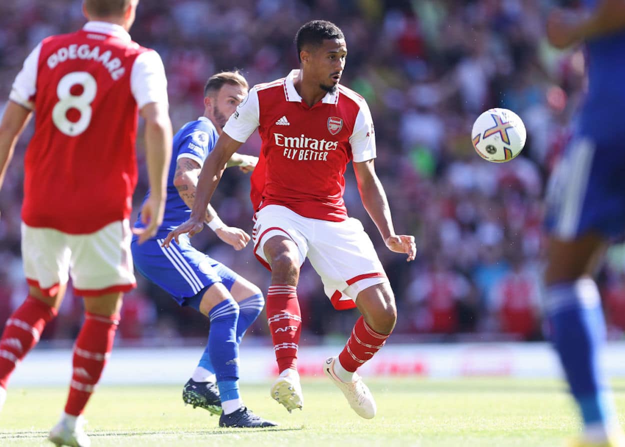 Arsenal defender William Saliba plays the ball.