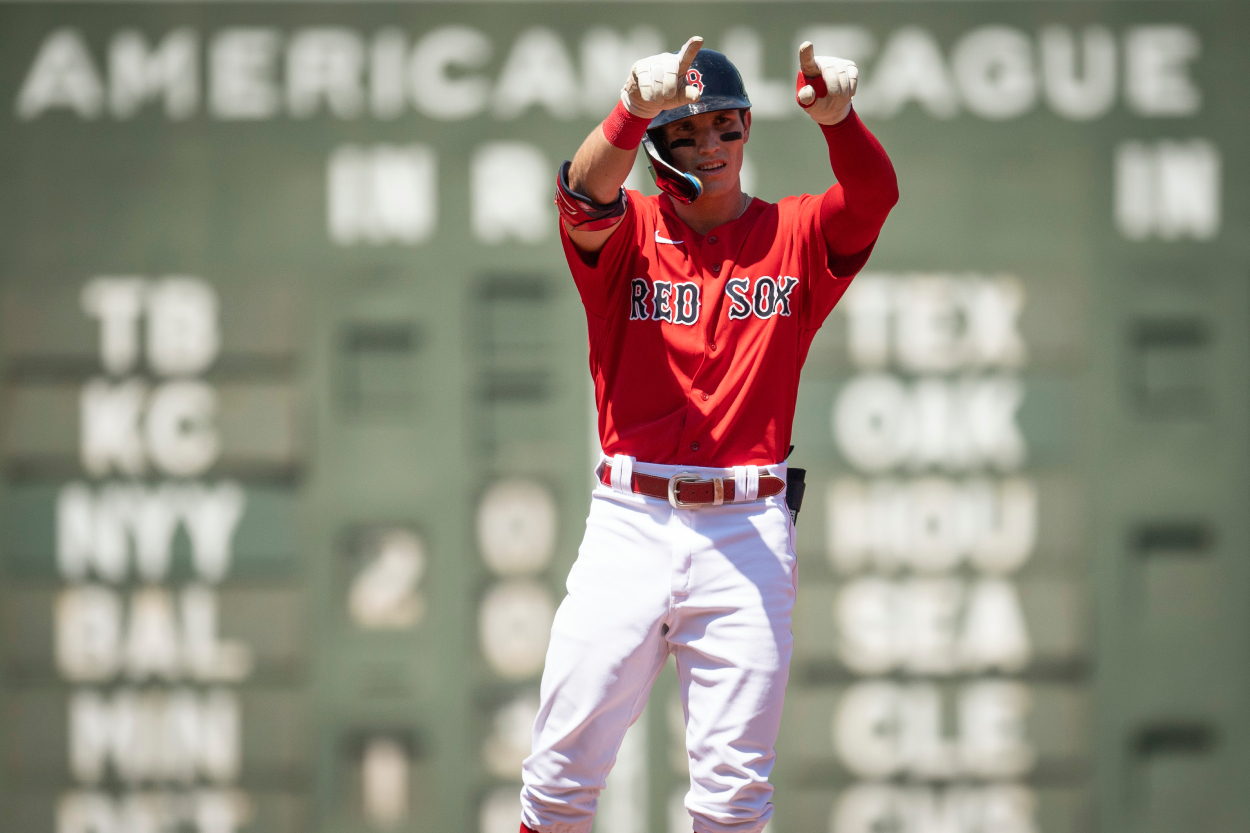 Jarren Duran of the Boston Red Sox reacts after hitting a double.