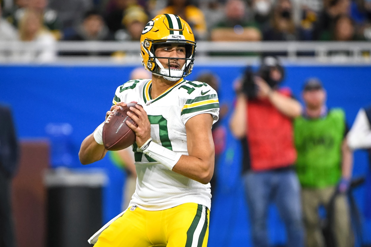 Jordan Love of the Green Bay Packers looks to pass against the Detroit Lions.