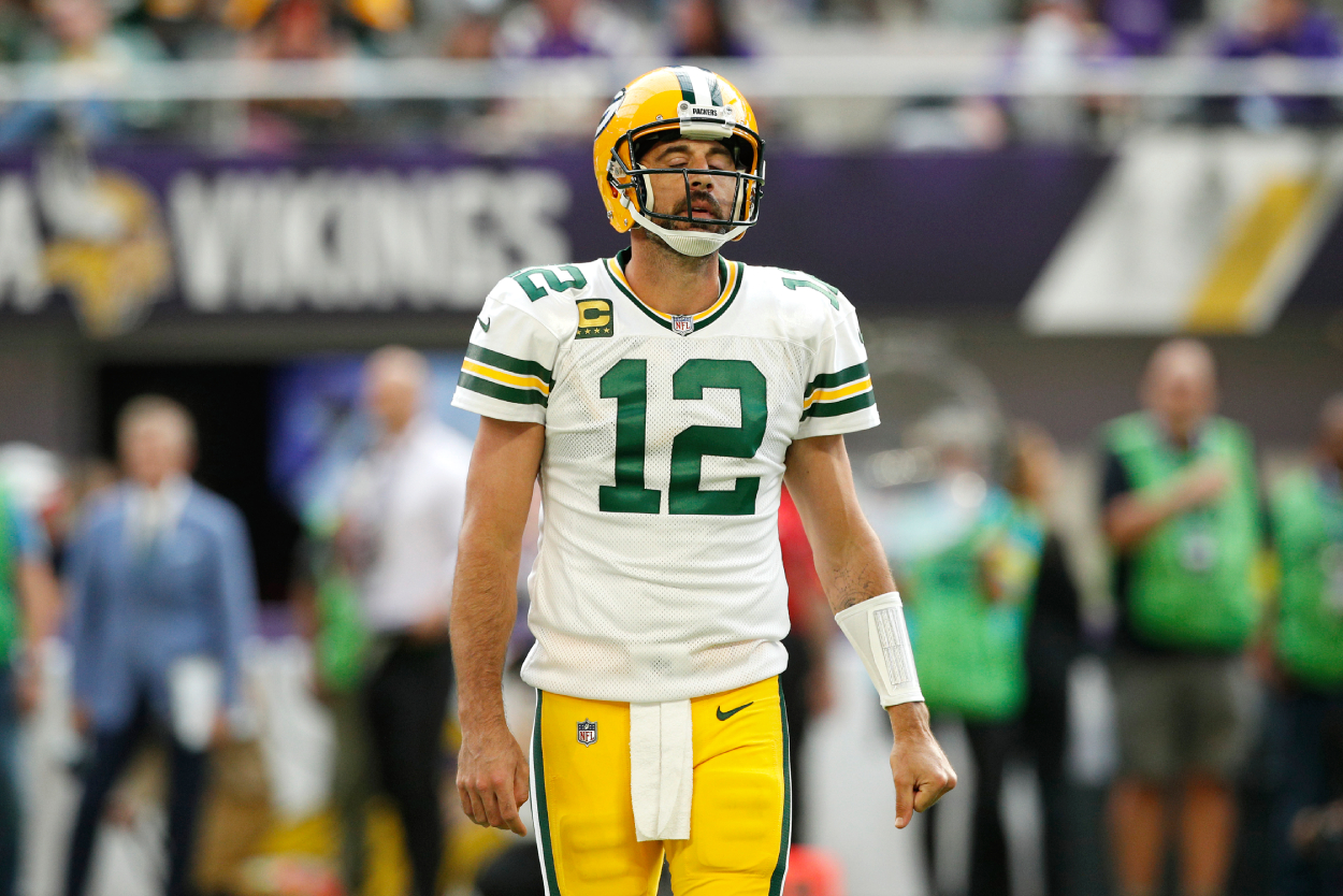Aaron Rodgers of the Green Bay Packers reacts after a play.
