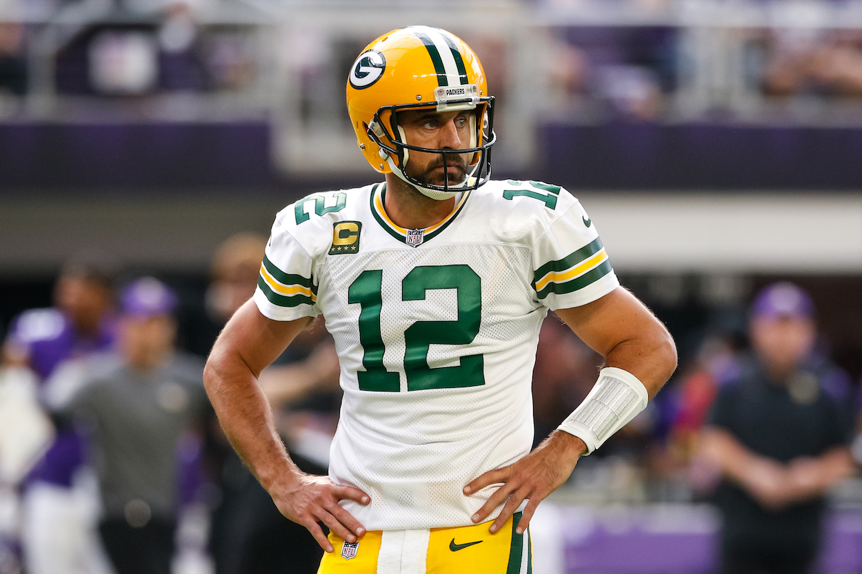 Aaron Rodgers looks on during a game.