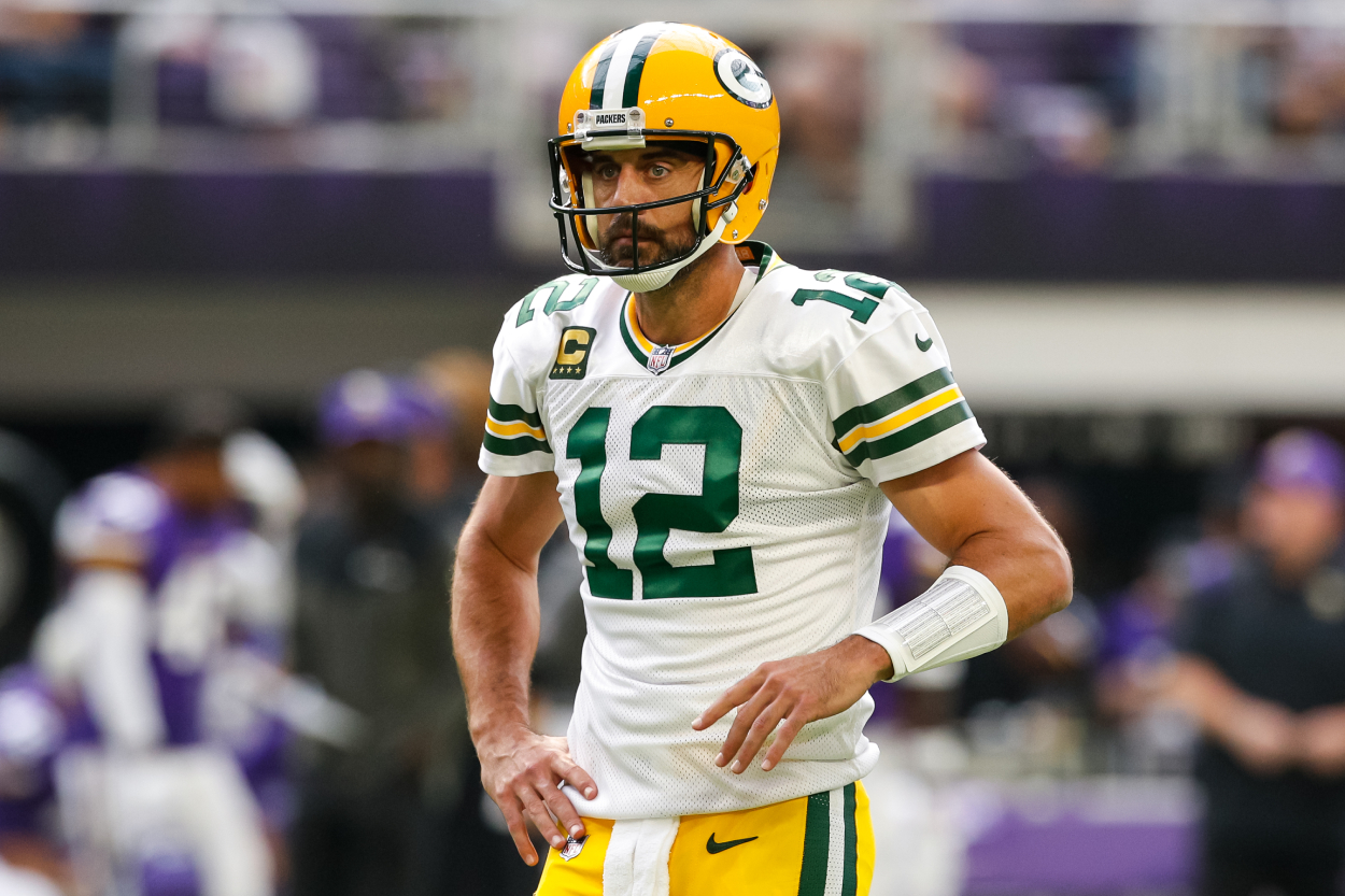 Aaron Rodgers of the Green Bay Packers on the field against the Minnesota Vikings.